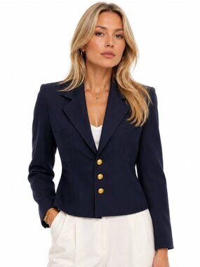 Ports Vintage Virgin Wool Cropped Navy Blazer Gold Buttons 4